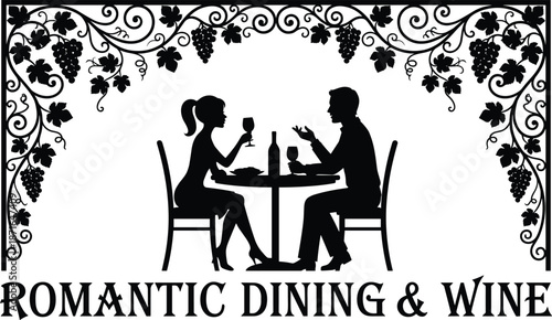 Romantic dining silhouette couple enjoying wine dinner conversation framed by grape vines black white vector illustration elegant scene concept design