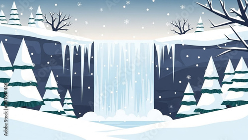 Winter wonderland frozen waterfall scene with snow covered trees and icy landscape in serene peaceful atmosphere
