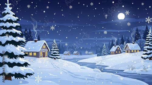 Winter night scene with snow covered houses and trees under moonlight and falling snowflakes