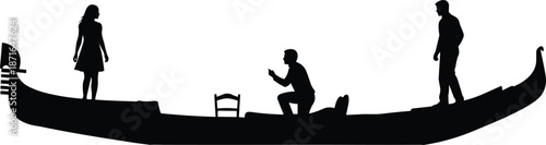 Romantic gondola proposal silhouette, man kneeling to woman on boat with gondolier Venice love engagement black white vector illustration