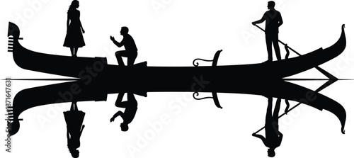 Romantic gondola proposal silhouette, man kneeling to woman on boat with gondolier reflection love engagement black white vector illustration