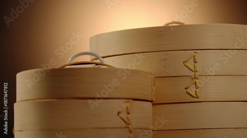 A close-up of a traditional Chinese bamboo steamer with rising steam.