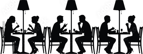 Romantic restaurant dining silhouettes couples enjoying conversation dinner date night hospitality black white vector illustration isolated elegant indoor concept