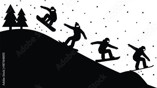 Snowboarding action silhouette sequence, rider performing jumps downhill on snowy mountain slope winter sport adventure black white vector illustration