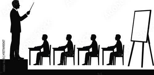 Teacher instructing students classroom silhouettes isolated on white background education training lecture presentation black vector illustration learning concept