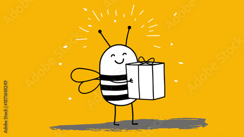 Happy cartoon bee character holding a gift box with a smile and sparkles on a vibrant yellow background, doodle illustration for celebration.