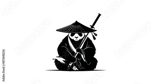 Minimalist illustration of a sitting panda warrior with a traditional Asian conical hat and a sword, depicting a ninja or samurai theme.