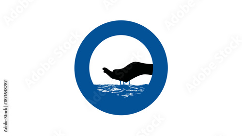 Abstract Blue Circle Icon with Silhouette Hand Cupping Water, Symbolizing Conservation, Charity, Purity, and Environmental Care