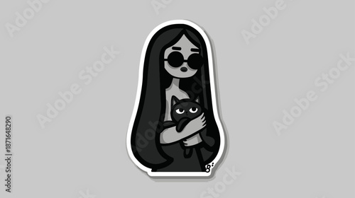 Modern grayscale cartoon sticker: Mysterious woman with long dark hair and sunglasses holding a black cat, minimalist design