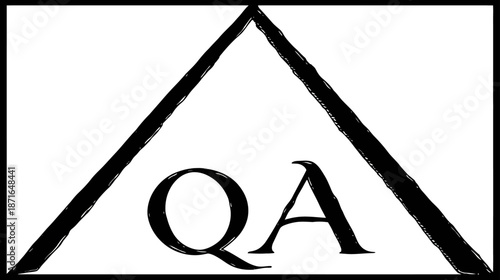 Quality Assurance QA letters inside a simple black outlined triangular graphic symbol on white background