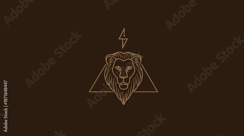 Geometric Lion Head Logo Design with Lightning Bolt and Triangle. Minimalist Golden Line Art Symbol of Power, Strength, and Majesty.