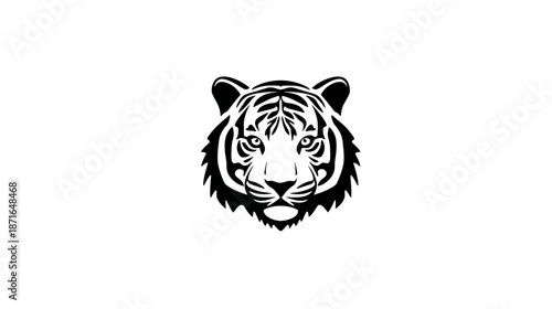 Powerful black and white tiger head illustration. Majestic wild cat face with fierce gaze. Vector graphic representing strength and nature.