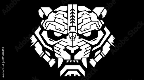 Futuristic geometric white tiger head mascot logo illustration on black background, fierce cyberpunk animal symbol design