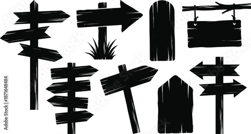 Wooden direction sign silhouettes set isolated on white background rustic arrow boards vintage signage black vector illustration collection design