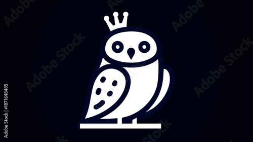Elegant white stylized owl wearing a regal crown on a dark background. Minimalist wise bird icon, modern graphic design element.