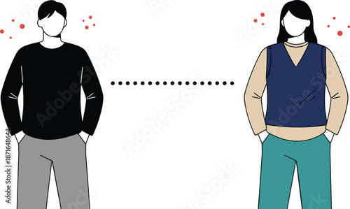 Social distancing vector illustration with two people spaced apart, dotted line, and health awareness symbols for safety design.