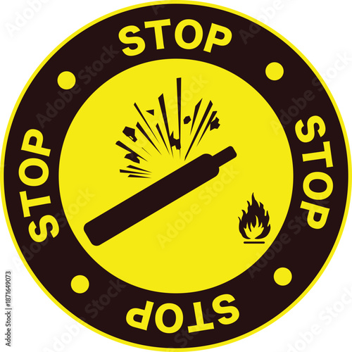 Warning sign: Flammable gas cylinder, stop symbol, explosion hazard