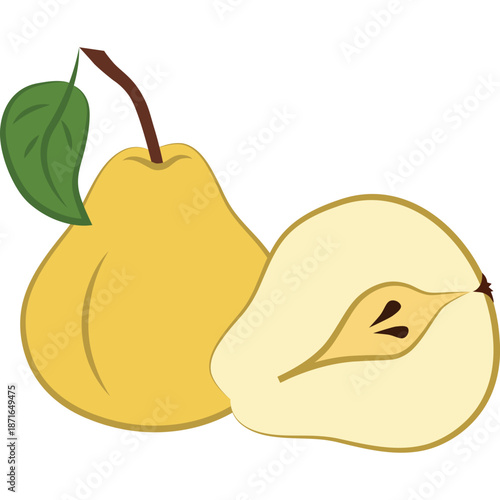 Whole and Halved Yellow Pear with Leaf
