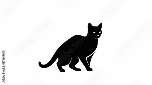 Black cat silhouette with glowing eyes on white background.