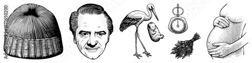 Vintage Halftone Illustrations of Hat, Man, Stork, Scale, and Pregnant Woman