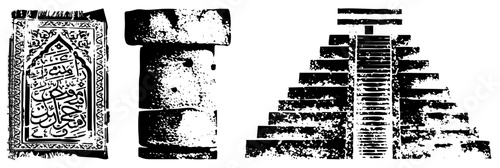 Ancient Islamic Manuscript, Stone Pillar, and Structure in Grunge Vector Style