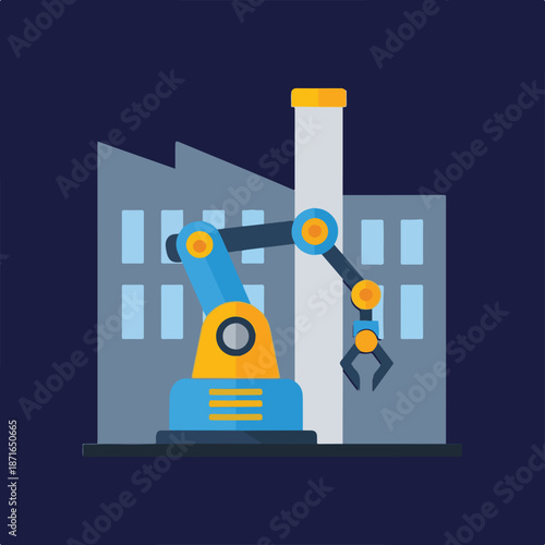 Tablou pe pânză This vector illustration depicts a modern industrial robotic arm positioned in front of a grey factory building, symbolizing automation and advanced manufacturing
