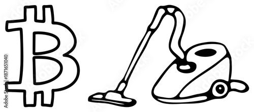 Bitcoin Symbol and Vacuum Cleaner in Minimalist Art