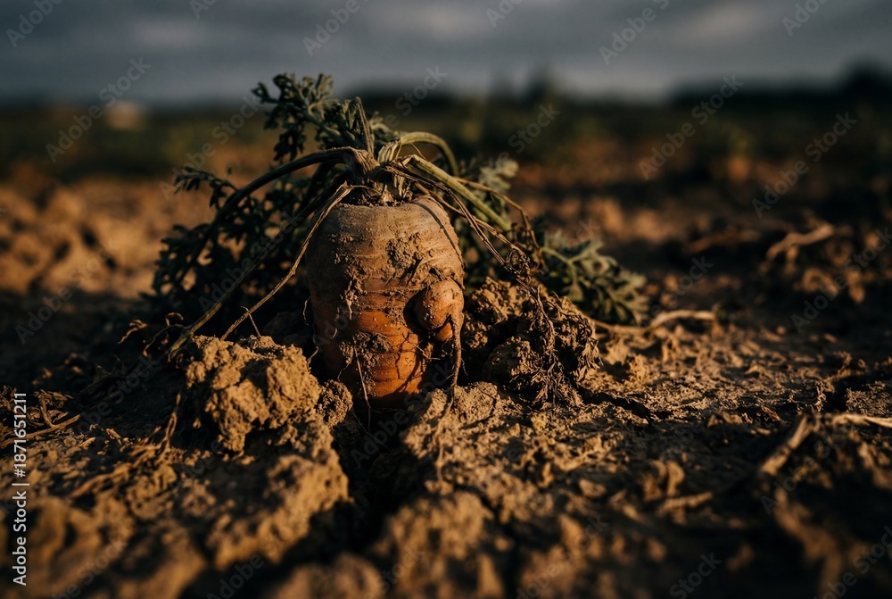Fototapeta premium Gnarled organic carrot embedded in dry cracked earth with wilted green tops during golden hour