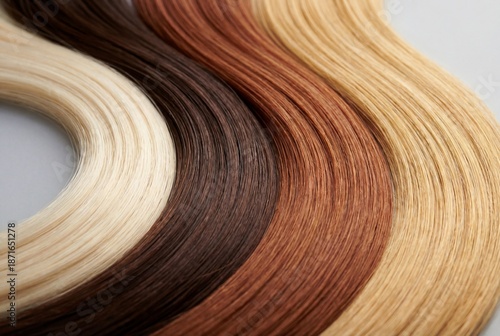 Curved strands of shiny human hair in various shades of blonde brown and auburn flowing smoothly