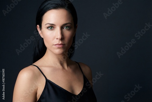 Portrait of beautiful young woman with dark hair and striking green eyes looking directly at camera