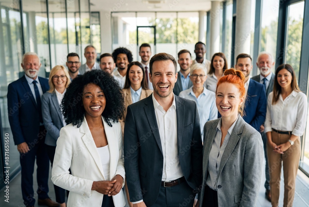Obraz premium Large diverse group of happy professional employees standing together in a modern corporate office