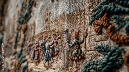 Medieval tapestry depicting procession and architecture