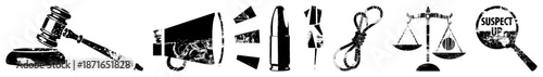 Legal Symbols Including Gavel, Megaphone, Bullet, Rope, Scale, and Magnifying Glass