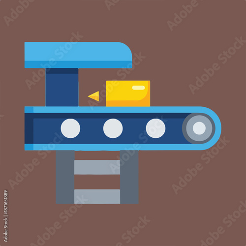 The image depicts an automated industrial conveyor belt system moving a yellow package, symbolizing logistics, production, or sorting processes.