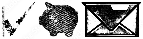 Grunge Textured of Checkmark, Piggy Bank, and Envelope