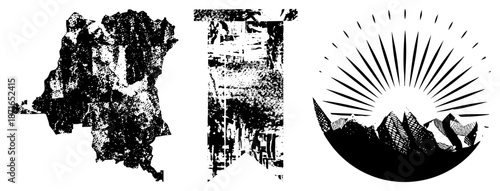 Vintage Halftone Mountain Sunburst and Abstract Textures