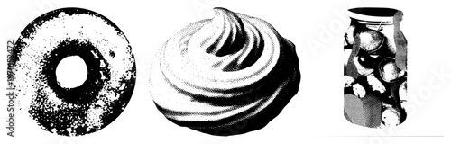 Halftone Rendered Donut, Whipped Cream, and Jar of Cherries