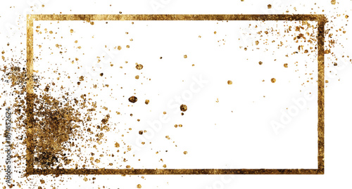 Gold sparkle splatter border . Gold Foil Frame Gold brush stroke on carved gilded frame isolated on white background. Vintage golden rectangle frame for photo.