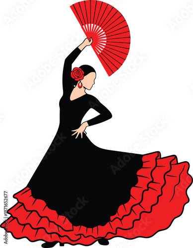 Spanish flamenco dancer woman in black dress with red ruffles holding fan vector illustration isolated on white background design art.