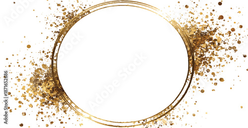 Gold sparkle splatter border . Gold Foil Frame Gold brush stroke on carved gilded frame isolated on white background. Vintage golden rectangle frame for photo.