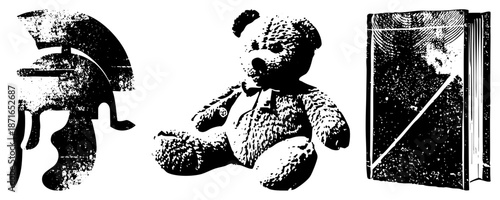 Vintage Halftone Illustration of Helmet, Teddy Bear, and Book