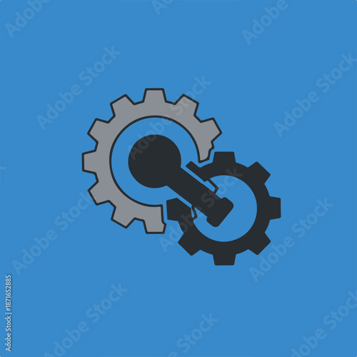 A vector graphic featuring two interlocking gears, a large grey and a small dark one, with a wrench positioned within the larger gear, all on a blue background.