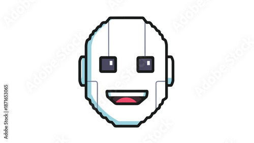 A simple and friendly smiling robot head icon with square eyes, illustrated in a clean, modern style and isolated on a white background.