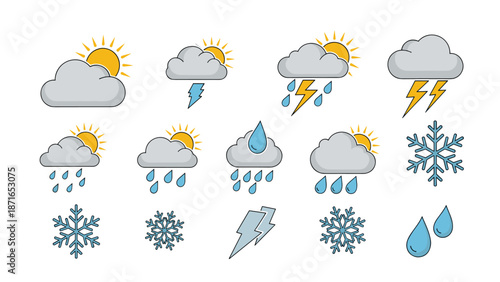 A collection of cute and simple cartoon weather forecast icons, including sun, clouds, rain, lightning, and snowflakes, on a white background.