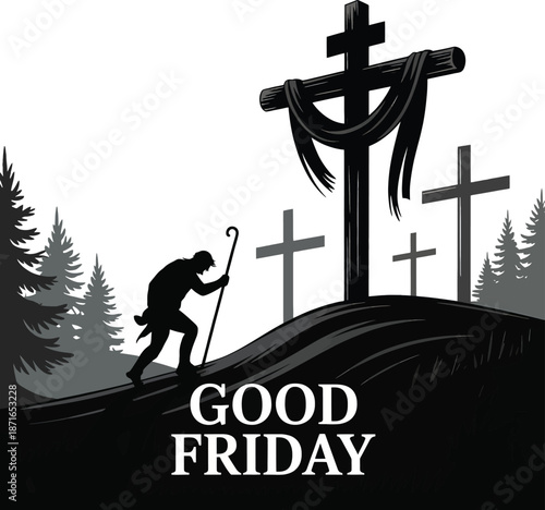 Good Friday Silhouette Of Man Climbing Hill Towards Crosses crucifixion