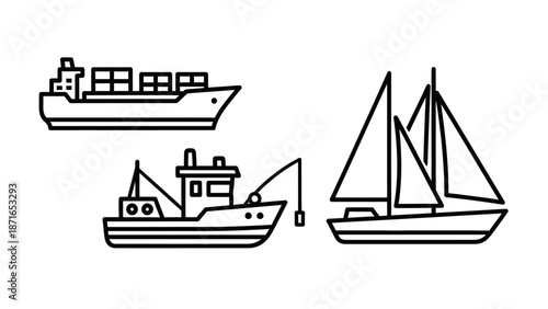 Collection of diverse marine vessels icons: cargo ship, fishing boat, and sailboat, representing maritime transport and activities.