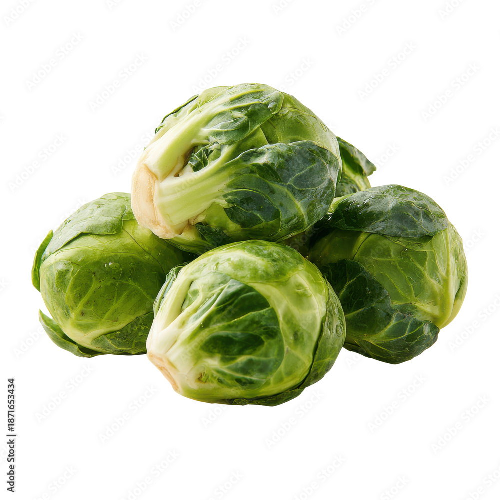 Fototapeta premium Pile of fresh green Brussels sprouts with visible leaves and stems vegetable food, Png On White Background, Isolated on Transparent Background, Cut Out