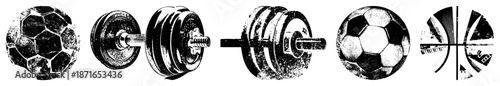 Vintage Sports Equipment Soccer Ball, Dumbbell, Basketball Vector Set