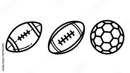 Collection of two American footballs and a soccer ball, symbolizing team games and athletic competition.