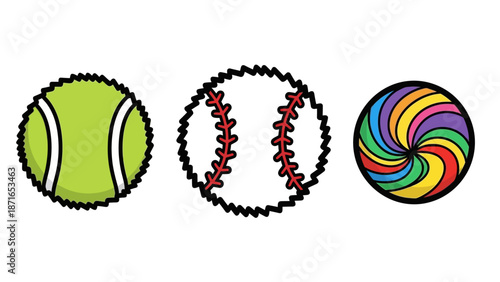 Illustrated Set of Sports Balls and Colorful Swirl Design, Ideal for Playful Graphics and Activity Themes
